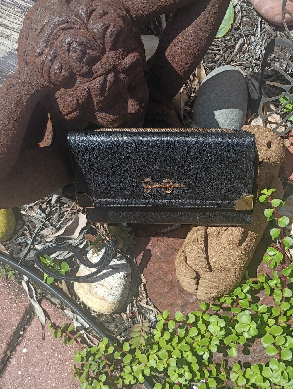 Jessica Simpson Black Crossbody Wallet with Gold Accents